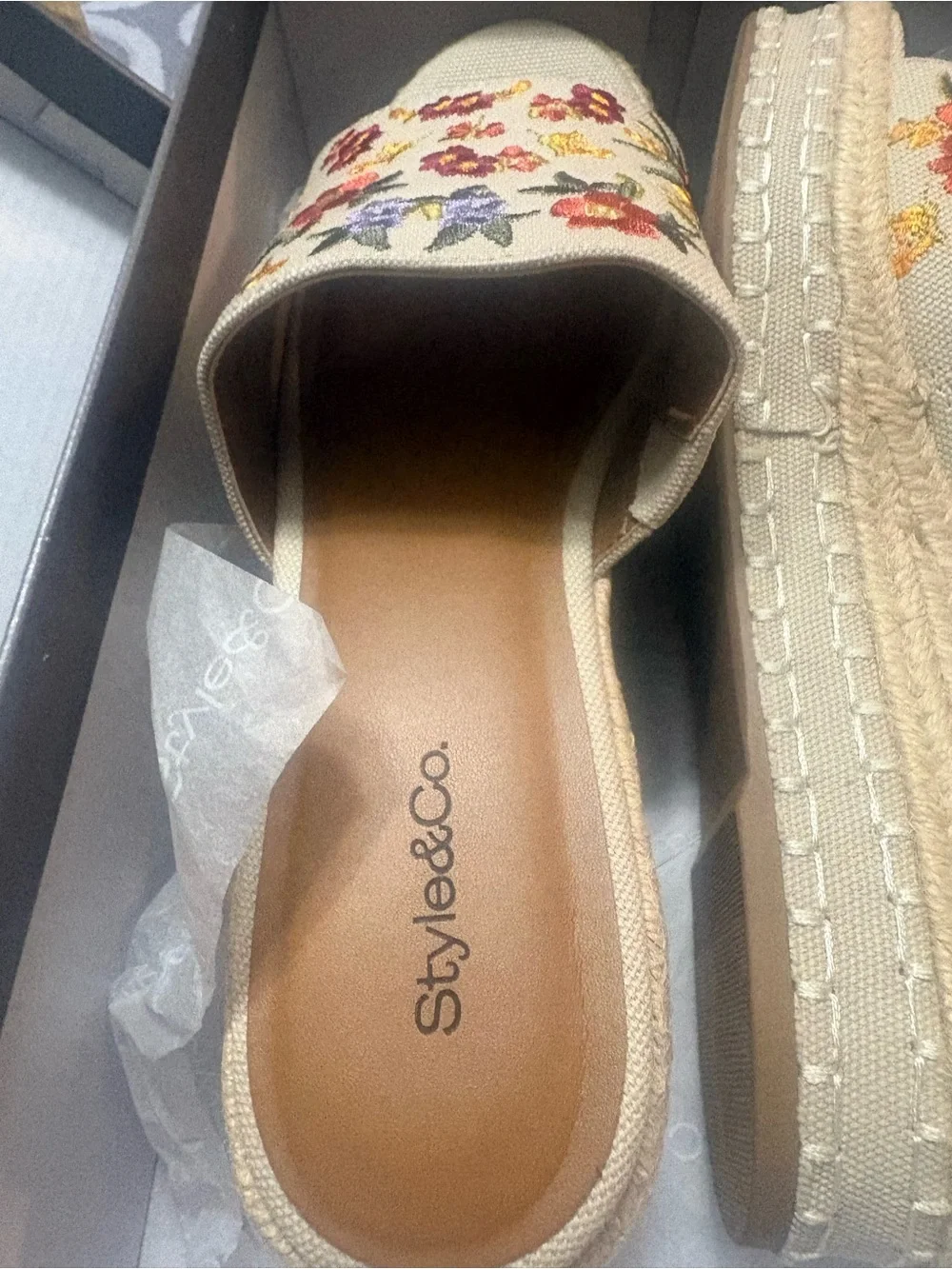 Woven Espadrille Platform Slip-On with Floral Embroidery - Cream
